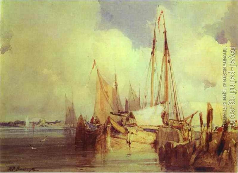 Richard Parkes Bonington : French River Scene with Fishing Boats